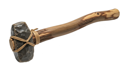 Ancient stone axe with wooden handle and leather strap isolated on transparent background