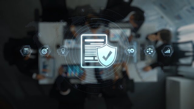 This image depicts a business meeting focused on security compliance with digital icons symbolizing data protection strategies and corporate governance efforts. Raster - Powered by Adobe