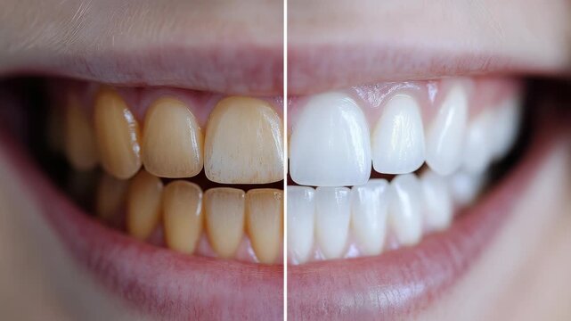 Bright Smile Transformation: A visual contrast showcases the remarkable before-and-after transformation of a smile, highlighting the effectiveness of teeth whitening procedures.