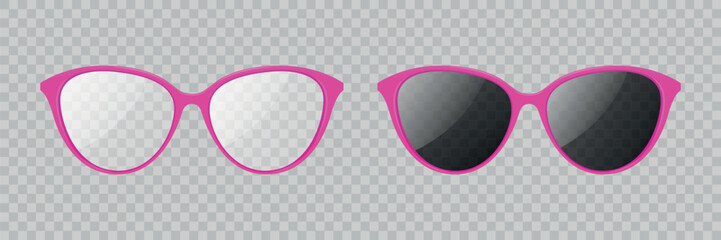 Pink Sunglasses, Vector Illustration. Realistic Fashion Eyeglasses and Dark Lens Sunglasses, Front View Summer Accessory. Glossy Plastic Frame Glasses Icon Set, Isolated, Front View
