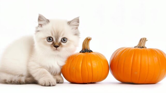 Cozy Companions: A fluffy kitten sits amiably beside two ripe pumpkins, creating a heartwarming scene of autumn charm. 