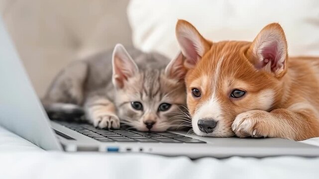 Pet Pals and Laptop: A charming scene of a playful kitten and a cute puppy, cuddled together while lounging by a laptop. A moment of shared digital interest.