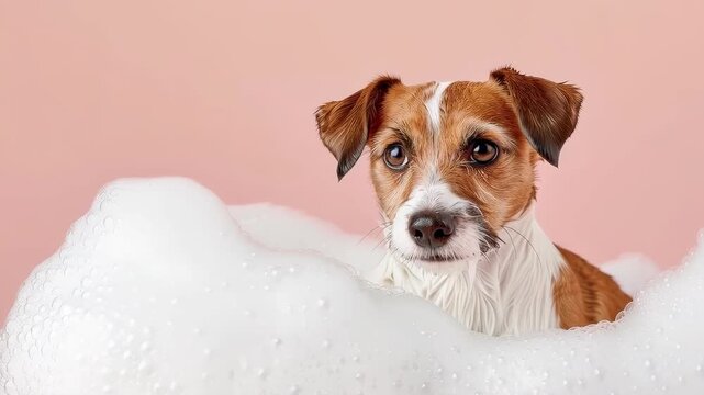 Bubble Bath Bliss: An adorable Jack Russell Terrier enjoys a luxurious bubble bath, surrounded by fluffy white foam, its expression a delightful mix of curiosity and contentment.