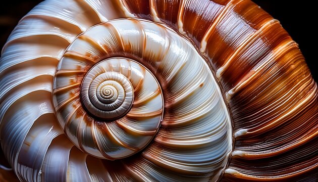close up of a spiral seashell showcasing intricate patterns of brown and white with a slightly pointed apex the shell s surface appears smooth and glossy