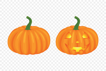 Vector Halloween Pumpkin Set with Carved Faces. Cute Cartoon Pumpkins Set. Colorful Halloween Stickers for Autumn Harvest, Fall Decoration, Thanksgiving, Festive Design