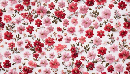Obraz premium delicate small pink and red ditsy flowers on white seamless background forming elegant retro floral pattern for fashion prints