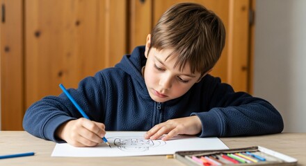 a young boy sitting at a table drawing