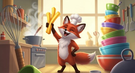 a fox is standing in the kitchen with a bunch of bananas