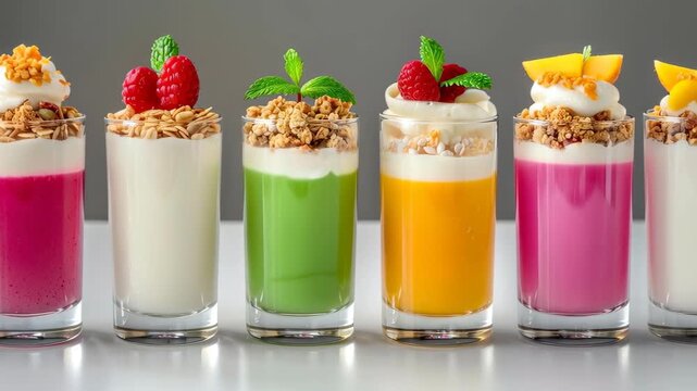 A Symphony of Flavors: A vibrant array of fruit parfaits in sleek glass vessels, each a masterpiece of color and taste, crowned with a delicate sprinkle of granola and fresh mint leaves.