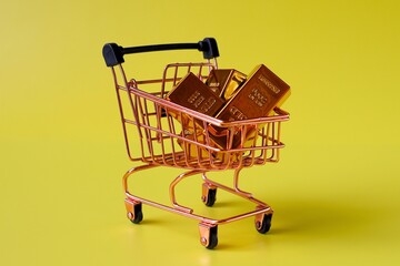 trolley containing gold bars with a yellow background