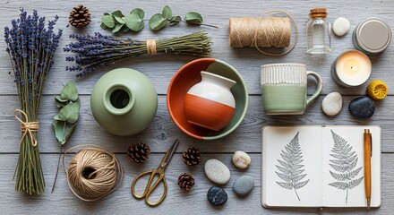 a table with various items and flowers on it