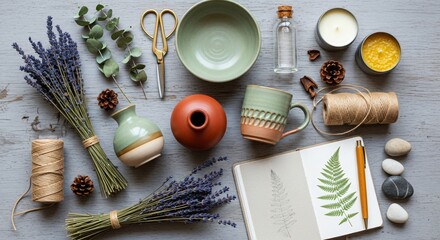 a table with various items and flowers on it