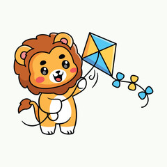 Cute Lion Flying Kite Cartoon Illustration