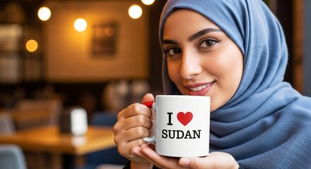 a woman holding a coffee mug with i love sudan written on it