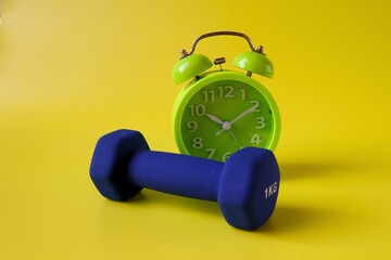 blue barbell and alarm clock on yellow background