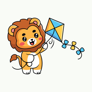 Cute Lion Flying Kite Cartoon Illustration