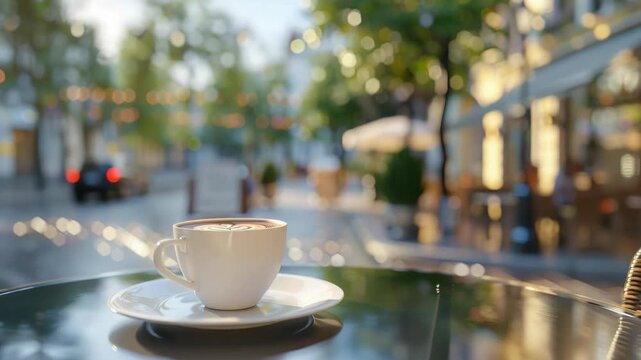A warm and inviting cafe scene featuring a cup of coffee on a plate. The outdoor atmosphere is enhanced by string lights and the gentle glow of dusk.