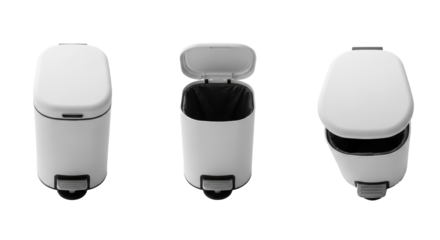 Ultra-realistic capture of a minimalist, contemporary, matte white trash can with a chrome pedal in three detailed product views on a high-key reflective surface, design precision technical concept
