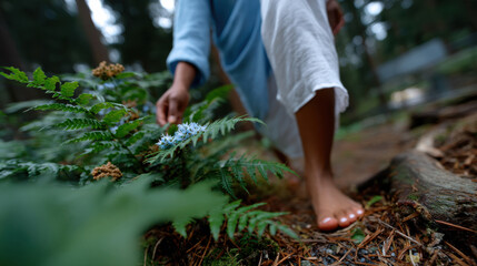 A person gracefully walks through a forest, appreciating the delicate flora, connecting with nature's tranquility while barefoot, creating a harmonious bond with the earth.