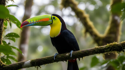 Obraz premium Keelbilled toucan in a jungle setting, perfect for nature and wildlifethemed designs, travel brochures, and tropicalthemed projects. Vibrant and eyecatching.