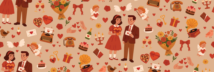 Seamless pattern. Valentine's Day. Vector illustration. Pattern for wrapping paper. Set of vintage illustrations. Gift giving. Retro illustrations. Couple in love. Pattern with vintage objects.