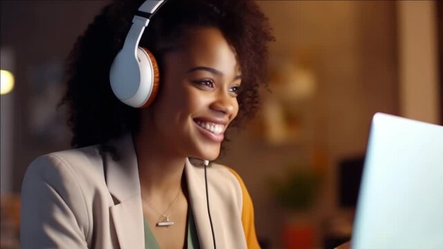A young woman wearing headphones and smiling while sitting in front of a computer. She is focused on her work or perhaps enjoying some music.