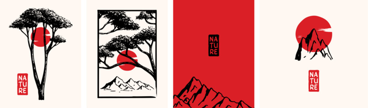 Japanese style poster design. Minimalist monochrome vector illustration of trees and mountains, for art print, book cover, banner, card, or label.