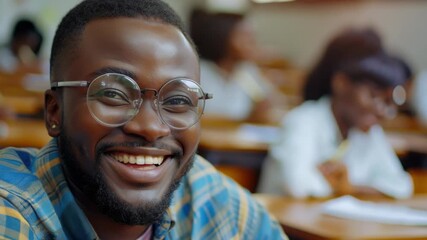 The captures a moment of joy and learning as the young adult male with glasses is engaged in an educational environment. He is wearing a plaid shirt that adds to his youthful appearance.