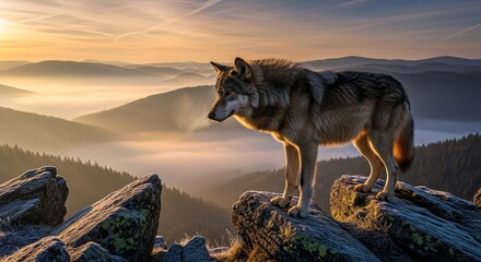 a lone wolf standing on top of a mountain