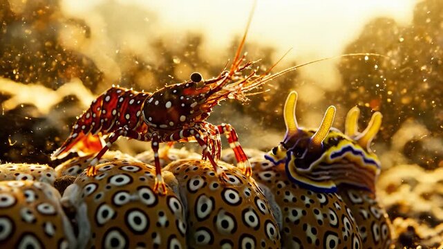 A colorful lobster moves across a vibrant underwater surface, showcasing its unique patterns in a well-lit environment. The lobster and the vibrant surface create a lively aquatic scene.