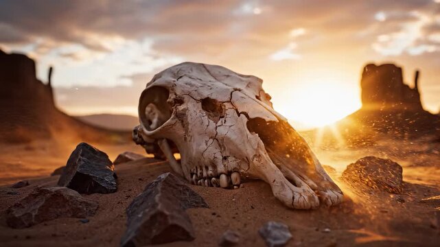 A large animal skull rests in the sandy desert as the sun sets behind distant rock formations. The skull and sunset create a haunting yet beautiful scene in the arid environment.