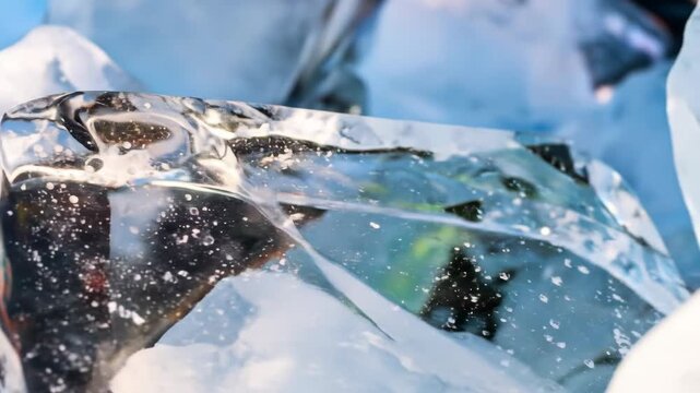 Close-up abstract view of clear ice blocks with trapped air bubbles and light refractions, creating a cool and refreshing background.