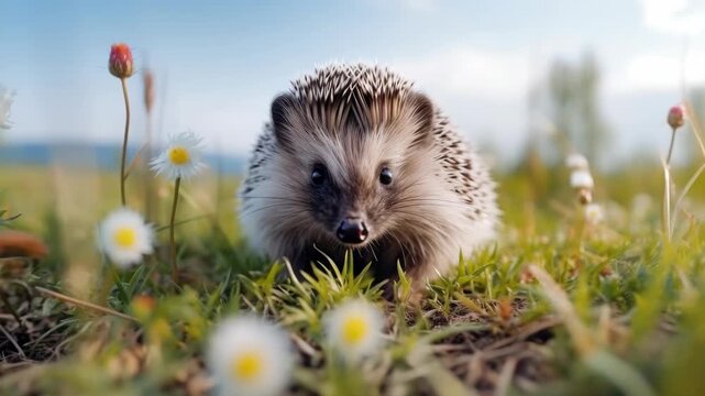 A charming baby hedgehog sitting on the ground, surrounded by wildflowers, with a clear blue sky in the background.