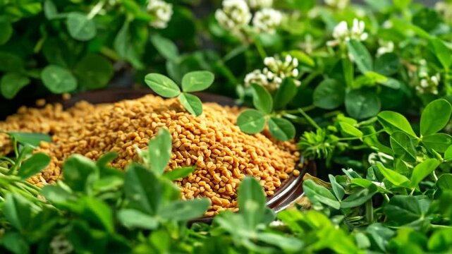 Golden fenugreek seeds piled on a surface, surrounded by lush green plants with small white flowers, showcasing natural ingredients.