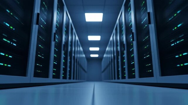 A long corridor in a modern data center with rows of server racks and glowing green lights.