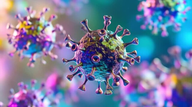 Close-up view of microscopic infectious pathogens or disease-causing organisms with vibrant iridescent colors in a scientific context.