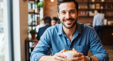a man sitting at a table with a cup of coffee