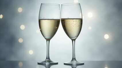 Two flutes of sparkling wine touch in a toast against a soft light background