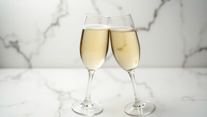 Two flutes filled with bubbly beverage clink together for a celebratory toast