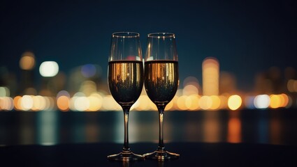 Two elegant flute glasses filled with sparkling beverage sit before a blurred city skyline at night