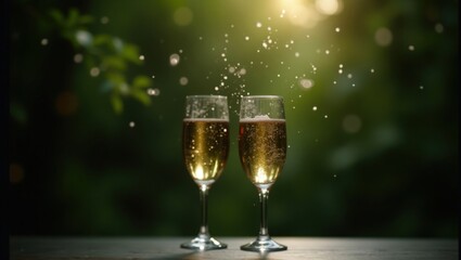 Two flutes of sparkling beverage rise toward bright sunlight against a deep green background