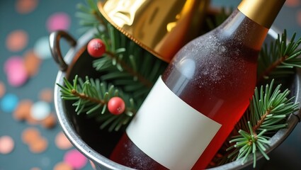 Chilled beverage bottle rests in a small metal container surrounded by festive evergreen branches and bright accents