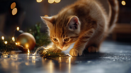 The kitten is depicted leaning towards a glowing garland amidst the festive atmosphere