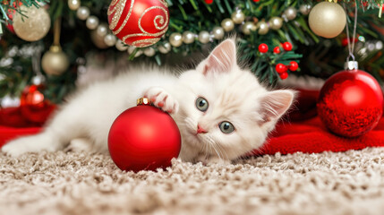 The kitten is depicted lying under a Christmas tree and pressing a red ball with its paws.