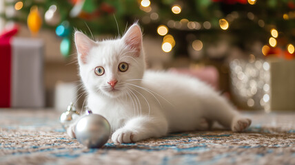 White house cat looking at camera lying in front of silver balls,