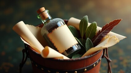 Antique wooden container holds a corked glass vial surrounded by rolled parchment and natural foliage.