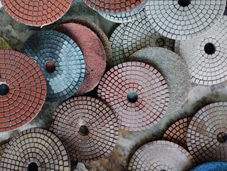Top view of assorted diamond polishing pads in various colors and textures, used for grinding and finishing stone, marble, and granite surfaces in a workshop environment.