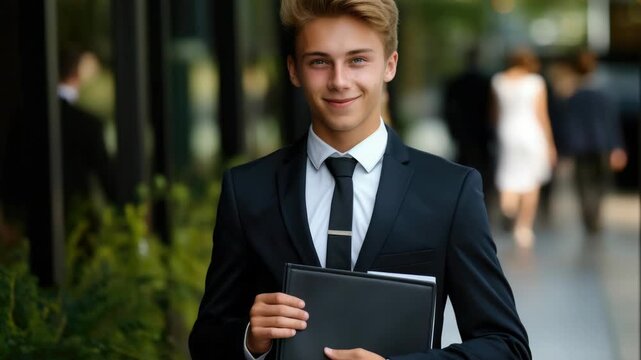 Smiling business man in suit with briefcase on city sidewalk