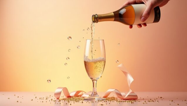 Hand pours sparkling wine from a bottle into a flute glass surrounded by festive decorations