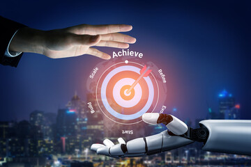 A creative image depicting a human hand reaching out to a robotic hand, symbolizing collaboration and innovation. The background features a city skyline, enhancing the futuristic theme. Gantry